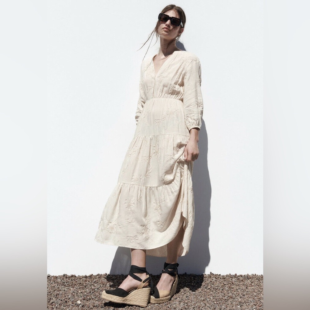 Zara Embroidered Linen Blend Midi Dress